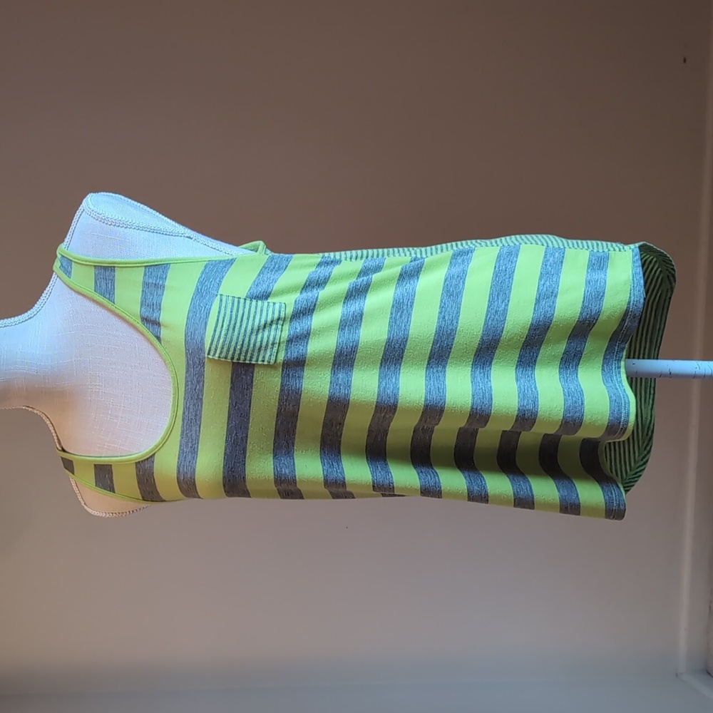 Bright Lime Green Heathered Gray Horizontal Strip Pocket Tank High Low Top Large